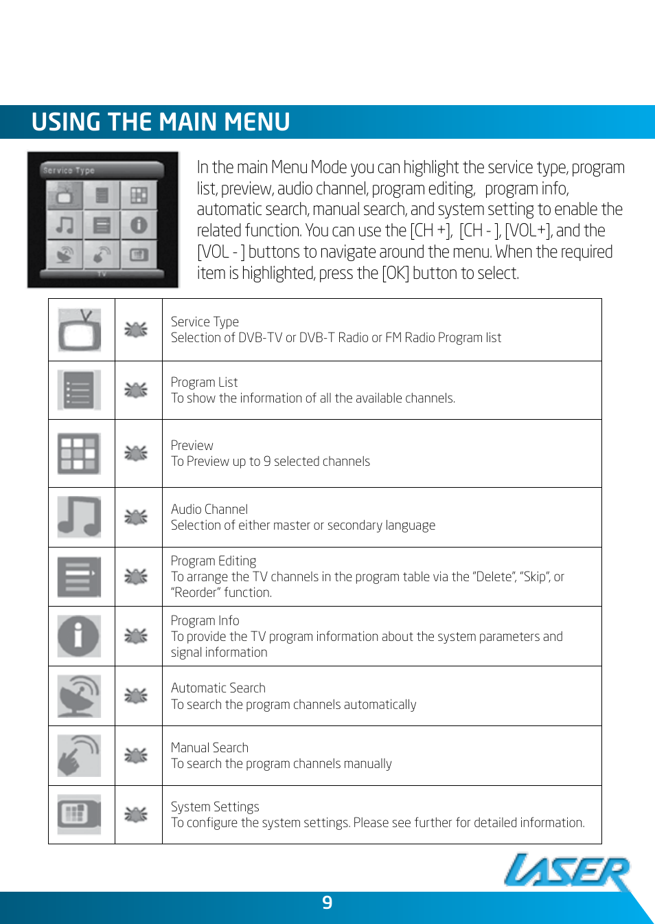 Using the main menu | Laser DVBT-C30 User Manual | Page 9 / 20
