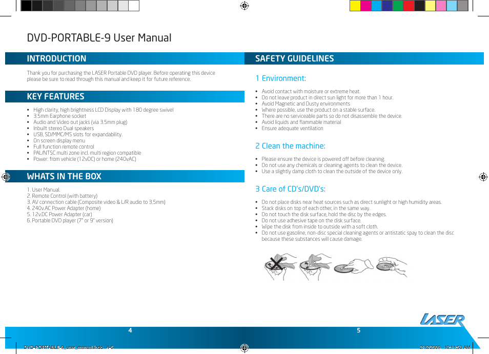 Dvd-portable-9 user manual, Introduction, Key features | Whats in the box, Safety guidelines | Laser DVD-PORTABLE-9 User Manual | Page 3 / 9