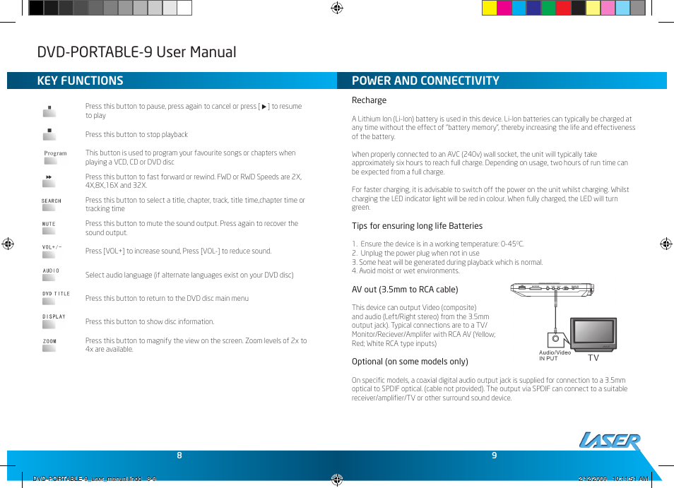 Dvd-portable-9 user manual, Power and connectivity, Key functions | Laser DVD-PORTABLE-9 User Manual | Page 5 / 9