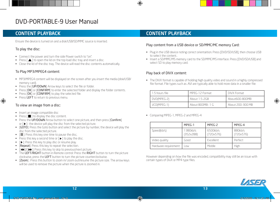 Dvd-portable-9 user manual, Content playback | Laser DVD-PORTABLE-9 User Manual | Page 7 / 9