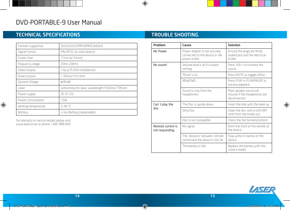 Dvd-portable-9 user manual, Trouble shooting, Technical specifications | Laser DVD-PORTABLE-9 User Manual | Page 8 / 9