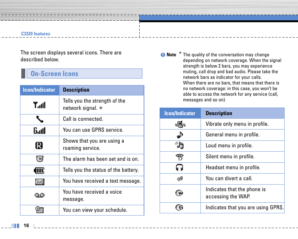 On-screen icons | Life is good LG MOBILE PHONE C3320 User Manual | Page 17 / 76
