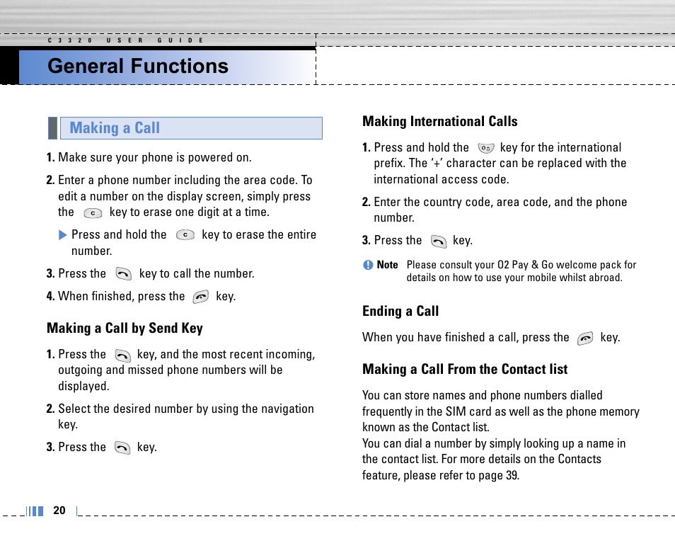 General functions, Making a call, Making a call by send key | Making international calls, Ending a call, Making a call from the contact list | Life is good LG MOBILE PHONE C3320 User Manual | Page 21 / 76