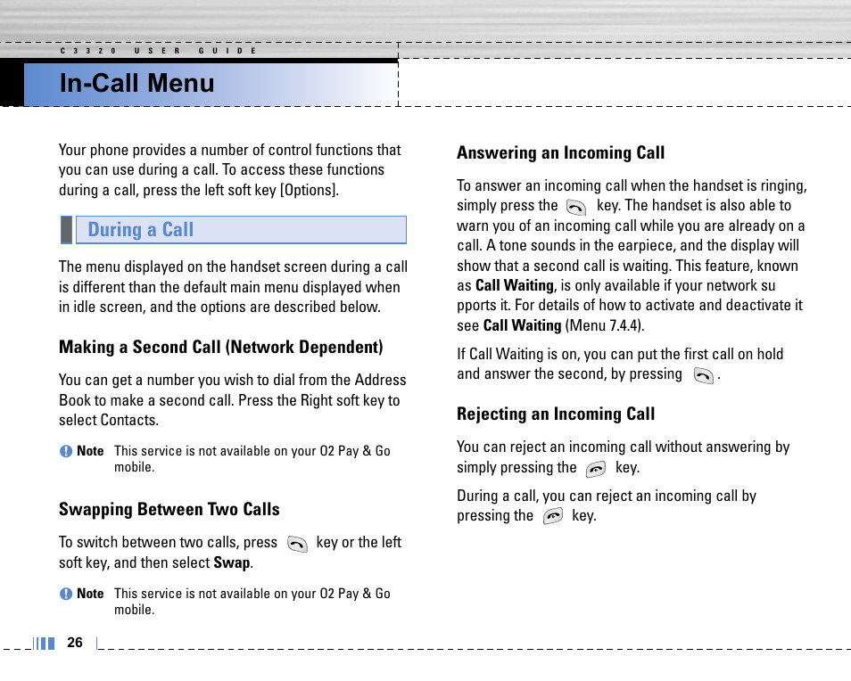 In-call menu, During a call, Making a second call (network dependent) | Swapping between two calls, Answering an incoming call, Rejecting an incoming call | Life is good LG MOBILE PHONE C3320 User Manual | Page 27 / 76