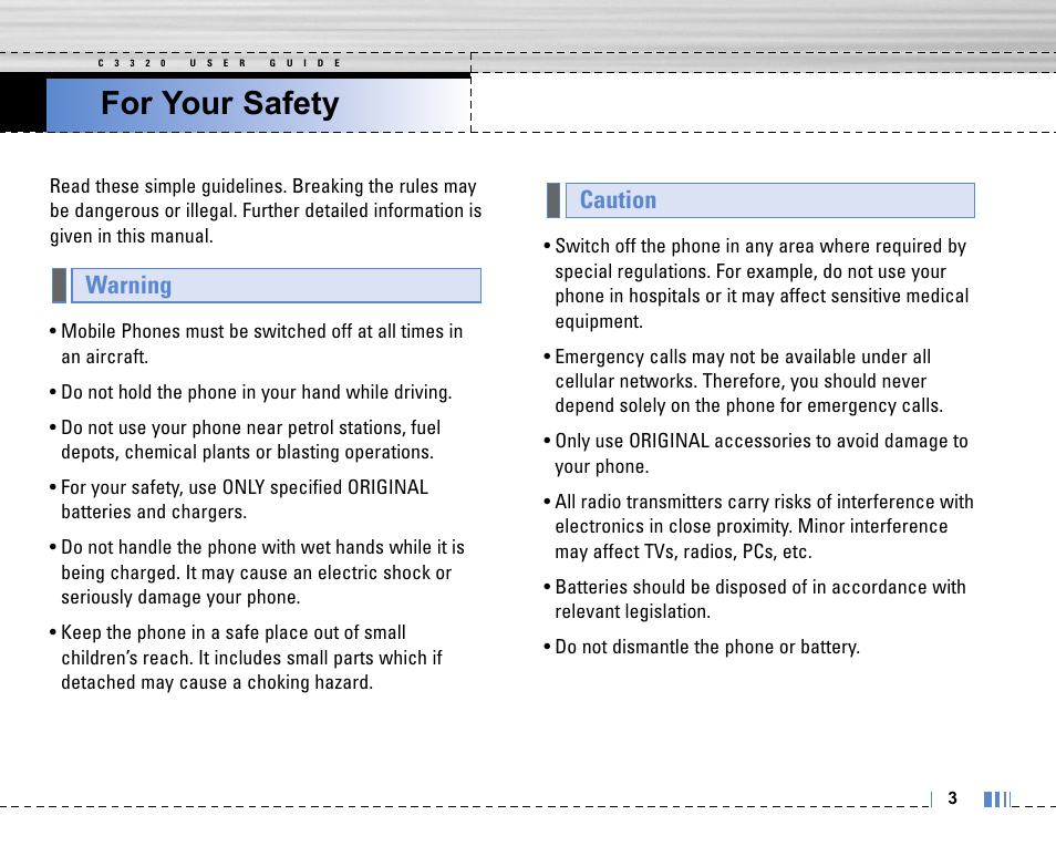 For your safety, Caution warning | Life is good LG MOBILE PHONE C3320 User Manual | Page 4 / 76