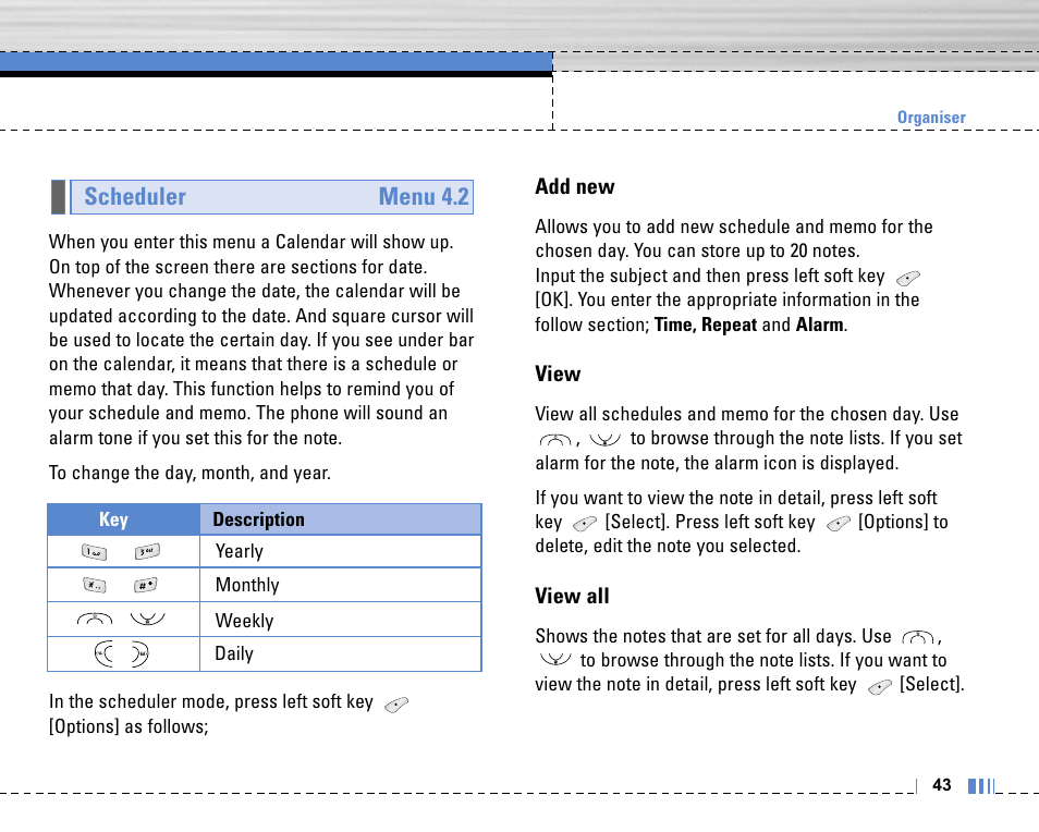 Scheduler menu 4.2 | Life is good LG MOBILE PHONE C3320 User Manual | Page 44 / 76