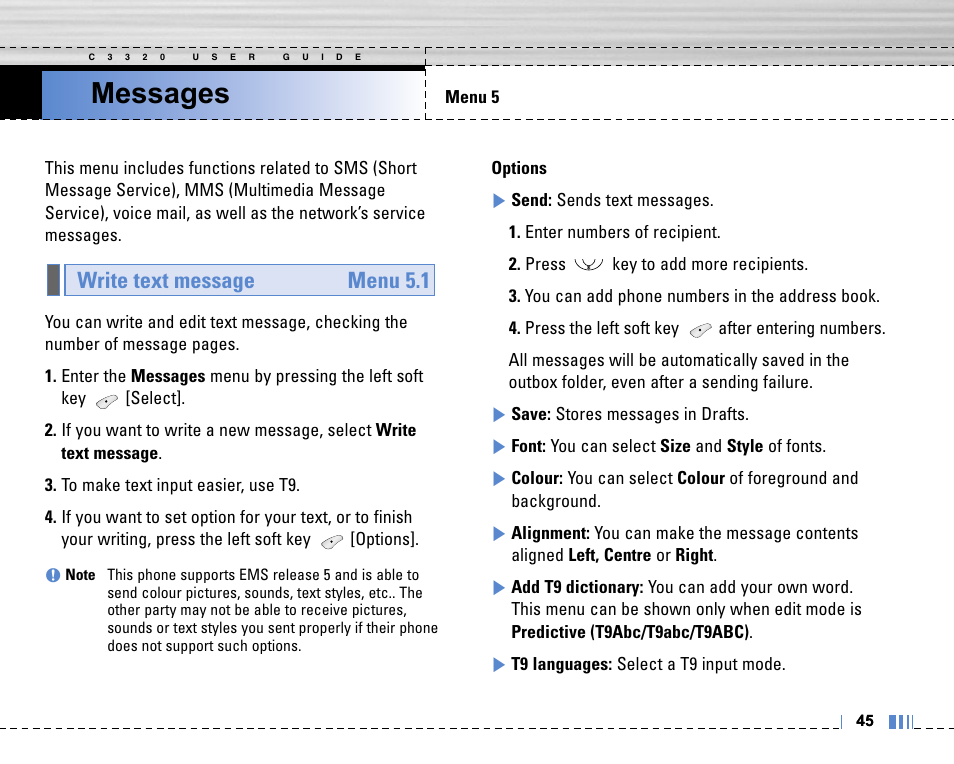 Messages, Write text message menu 5.1 | Life is good LG MOBILE PHONE C3320 User Manual | Page 46 / 76