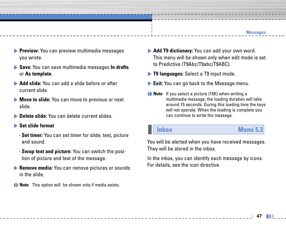 Inbox menu 5.3 | Life is good LG MOBILE PHONE C3320 User Manual | Page 48 / 76