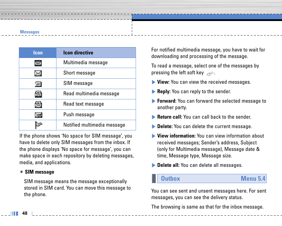 Outbox menu 5.4 | Life is good LG MOBILE PHONE C3320 User Manual | Page 49 / 76