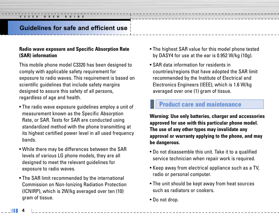 Product care and maintenance, Guidelines for safe and efficient use | Life is good LG MOBILE PHONE C3320 User Manual | Page 5 / 76