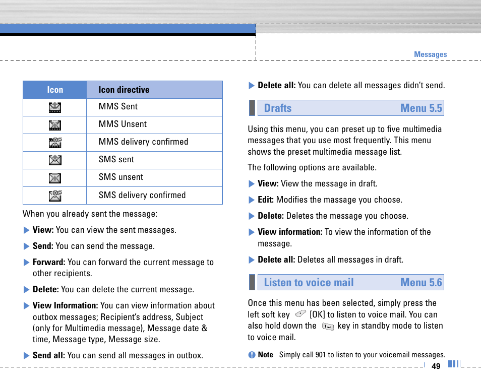 Listen to voice mail menu 5.6 drafts menu 5.5 | Life is good LG MOBILE PHONE C3320 User Manual | Page 50 / 76