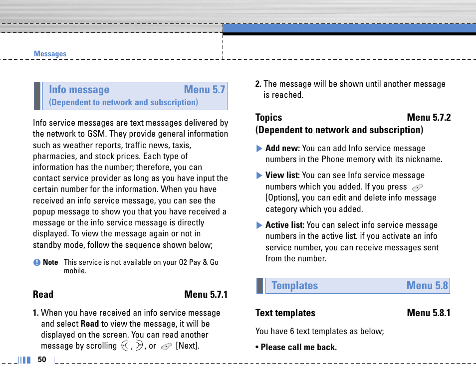 Templates menu 5.8 info message menu 5.7 | Life is good LG MOBILE PHONE C3320 User Manual | Page 51 / 76