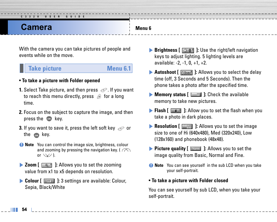 Camera, Take picture menu 6.1 | Life is good LG MOBILE PHONE C3320 User Manual | Page 55 / 76