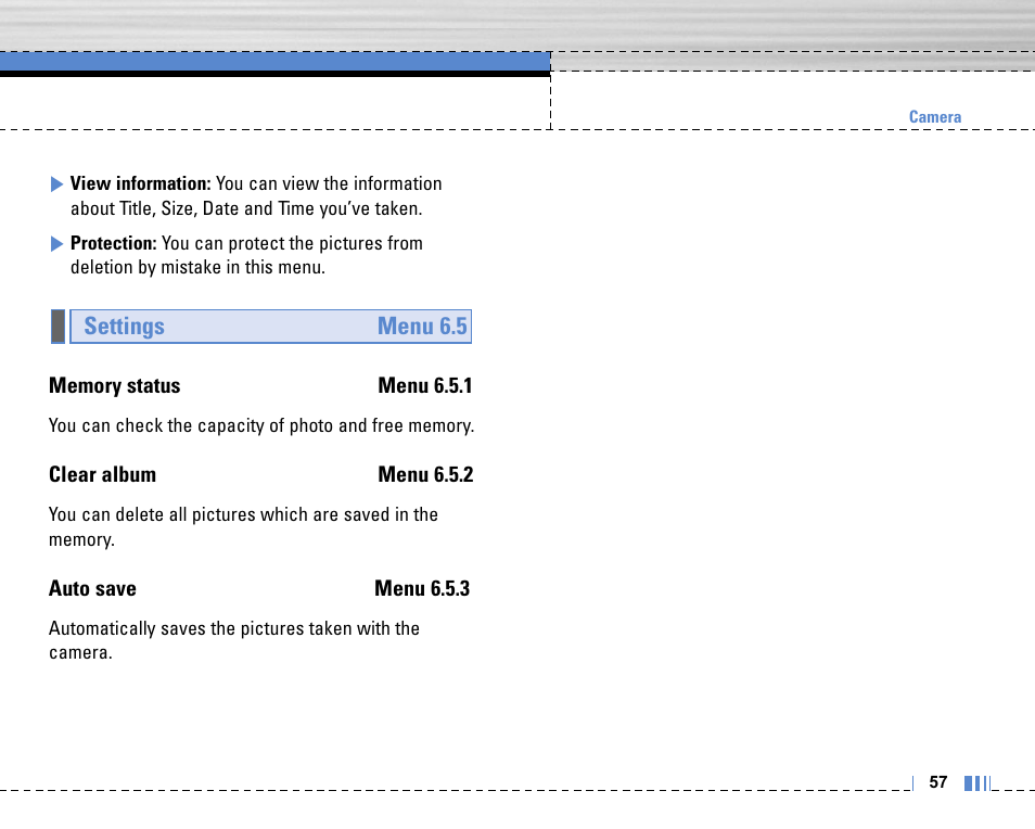 Settings menu 6.5 | Life is good LG MOBILE PHONE C3320 User Manual | Page 58 / 76