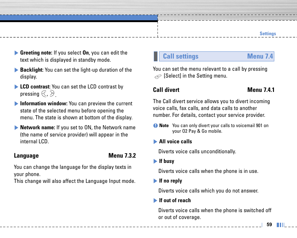 Call settings menu 7.4 | Life is good LG MOBILE PHONE C3320 User Manual | Page 60 / 76