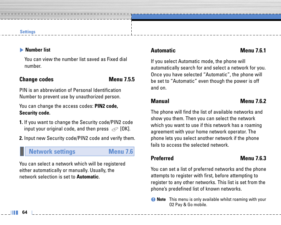 Network settings menu 7.6 | Life is good LG MOBILE PHONE C3320 User Manual | Page 65 / 76