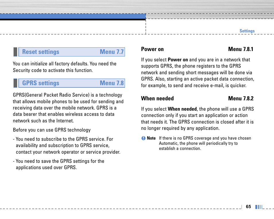 Gprs settings menu 7.8 reset settings menu 7.7 | Life is good LG MOBILE PHONE C3320 User Manual | Page 66 / 76