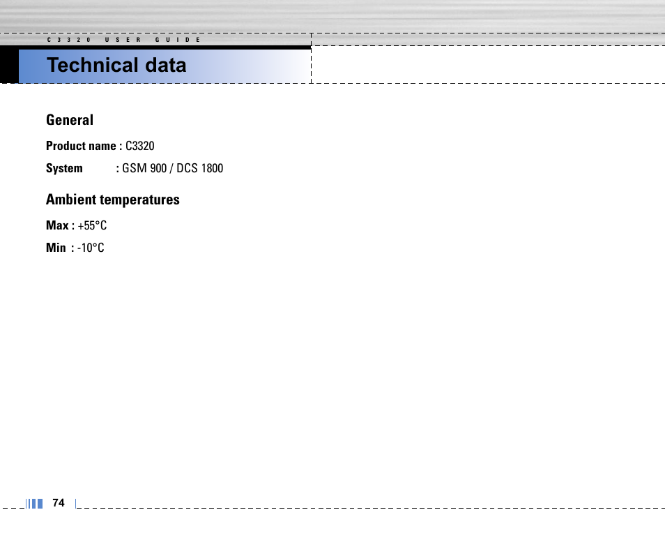 Technical data, General, Ambient temperatures | Max : +55°c min : -10°c | Life is good LG MOBILE PHONE C3320 User Manual | Page 75 / 76