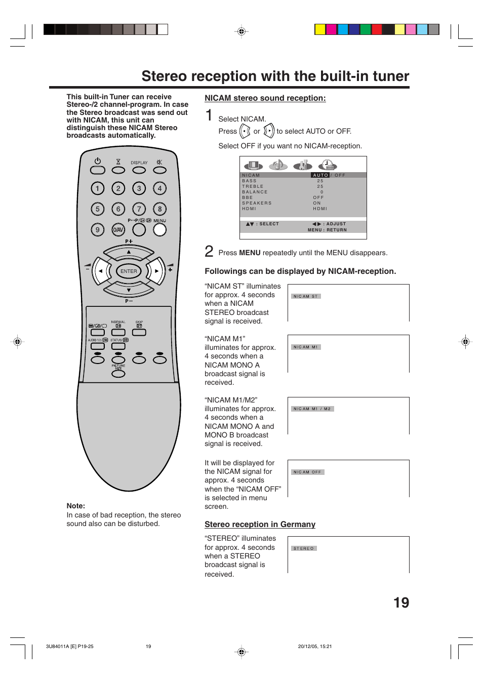 Stereo reception with the built-in tuner, Nicam stereo sound reception, Followings can be displayed by nicam-reception | Stereo reception in germany | Lenco Marine PL 4201 User Manual | Page 19 / 40