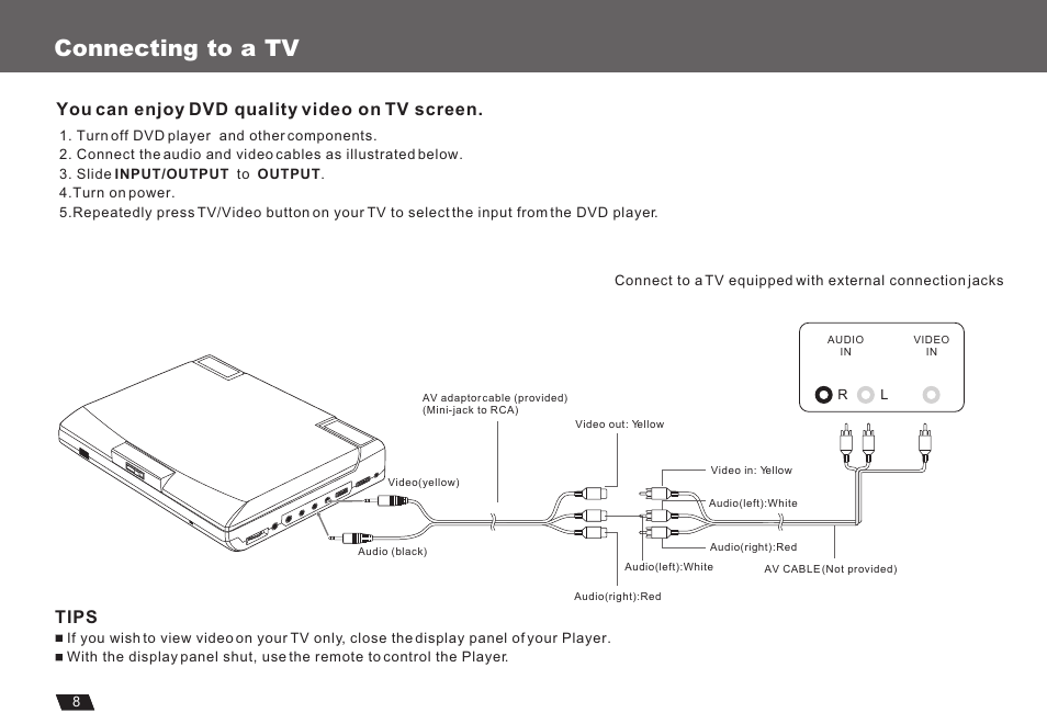 Т³гж 10, Connecting to a tv, Tips | You can enjoy dvd quality video on tv screen | Lenco Marine DVP-722 User Manual | Page 10 / 33