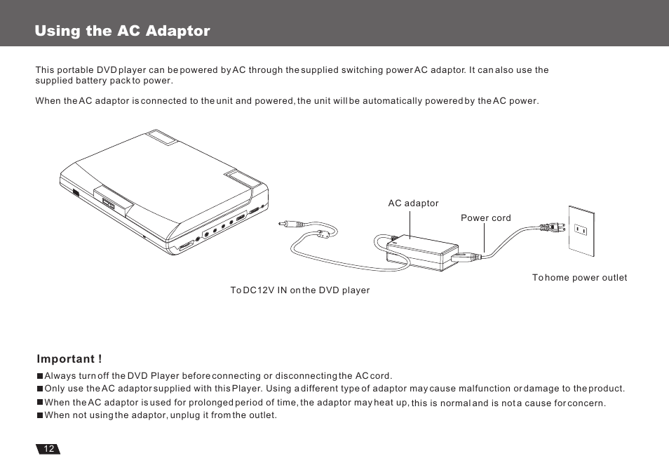 Т³гж 14, Using the ac adaptor | Lenco Marine DVP-722 User Manual | Page 14 / 33