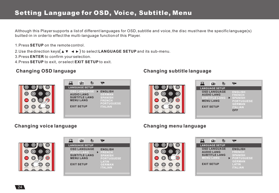 Т³гж 26, Setting language for osd, voice, subtitle, menu | Lenco Marine DVP-722 User Manual | Page 26 / 33