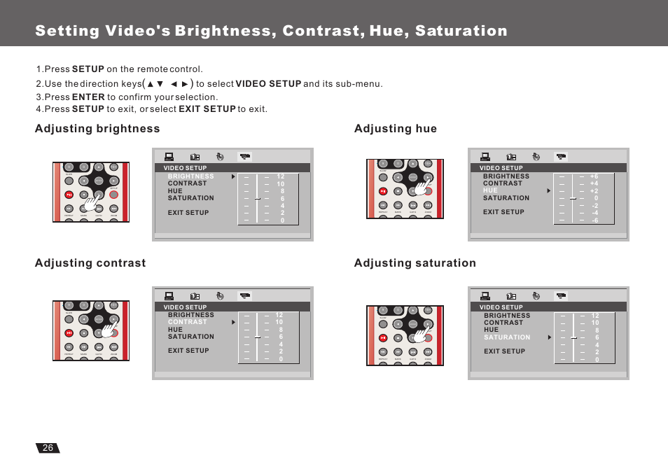 Т³гж 28, Adjusting brightness, Adjusting contrast | Adjusting hue adjusting saturation | Lenco Marine DVP-722 User Manual | Page 28 / 33