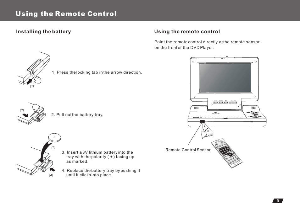 Т³гж 7, Using the remote control, Installing the battery | Lenco Marine DVP-722 User Manual | Page 7 / 33