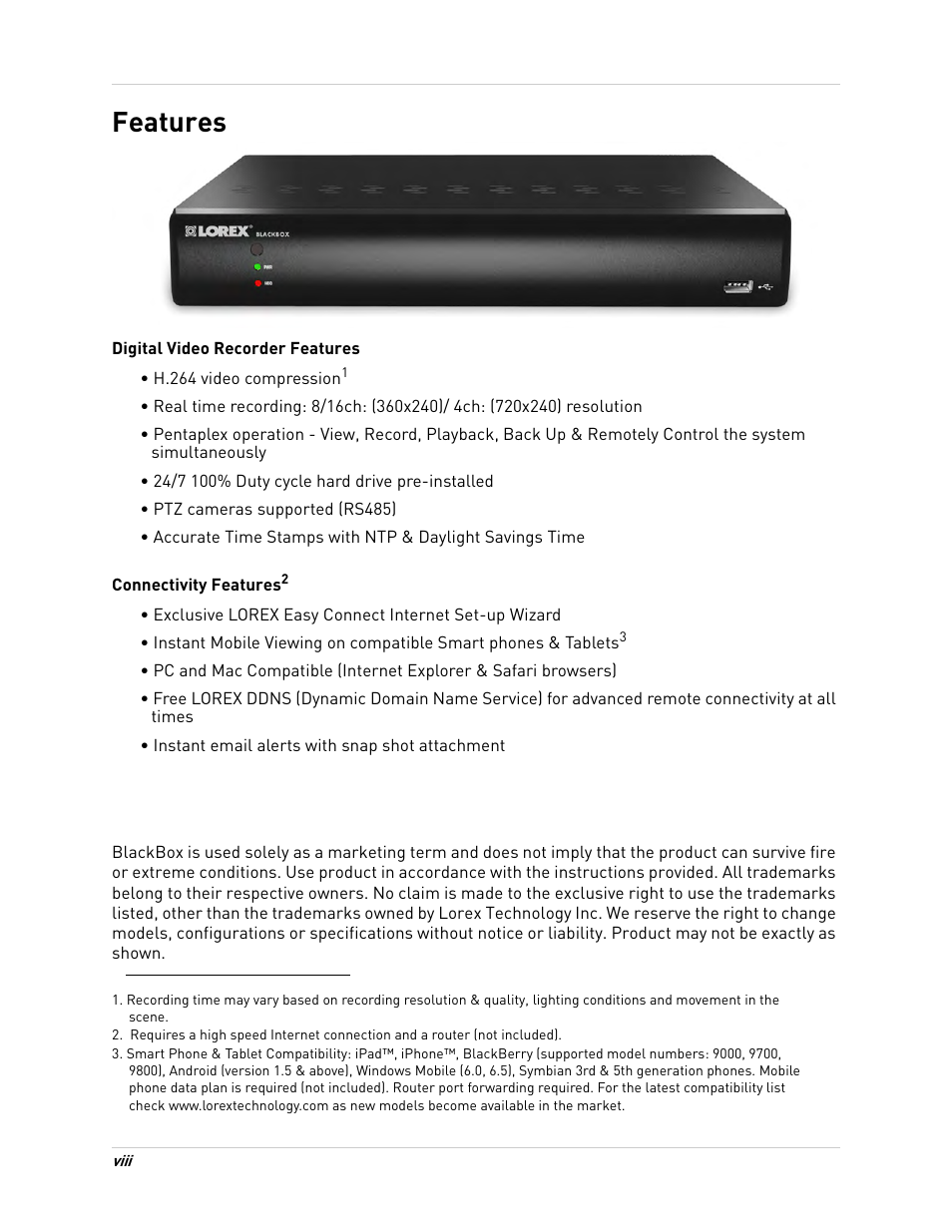 Features | LOREX Technology DIGITAL VIDEO SURVEILLANCE RECORDER LH010 ECO BLACKBOX SERIES User Manual | Page 10 / 128