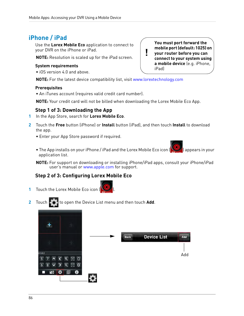 Iphone / ipad, Step 1 of 3: downloading the app, Step 2 of 3: configuring lorex mobile eco | LOREX Technology DIGITAL VIDEO SURVEILLANCE RECORDER LH010 ECO BLACKBOX SERIES User Manual | Page 102 / 128