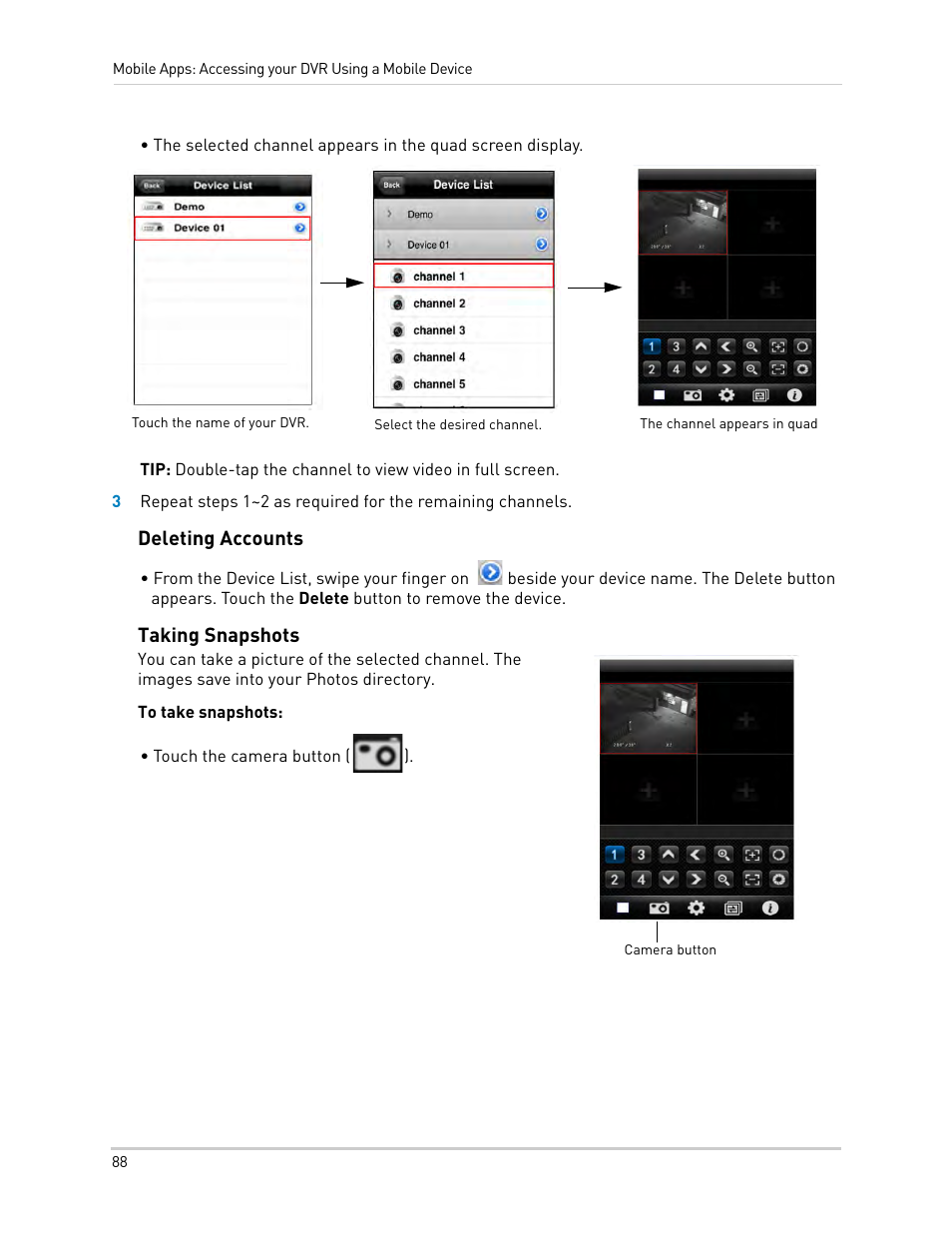 Deleting accounts, Taking snapshots, Deleting accounts taking snapshots | LOREX Technology DIGITAL VIDEO SURVEILLANCE RECORDER LH010 ECO BLACKBOX SERIES User Manual | Page 104 / 128