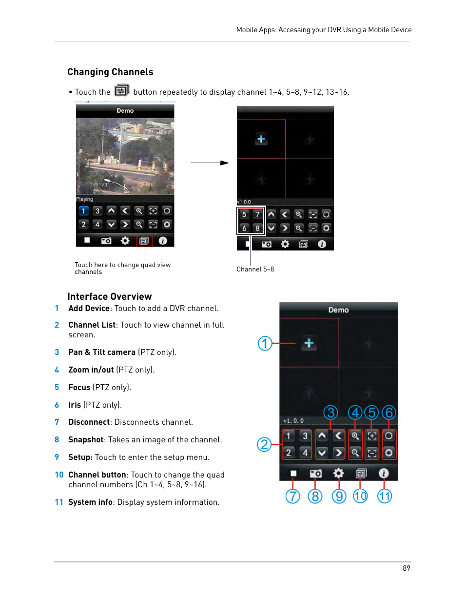 Changing channels, Interface overview, Changing channels interface overview | LOREX Technology DIGITAL VIDEO SURVEILLANCE RECORDER LH010 ECO BLACKBOX SERIES User Manual | Page 105 / 128