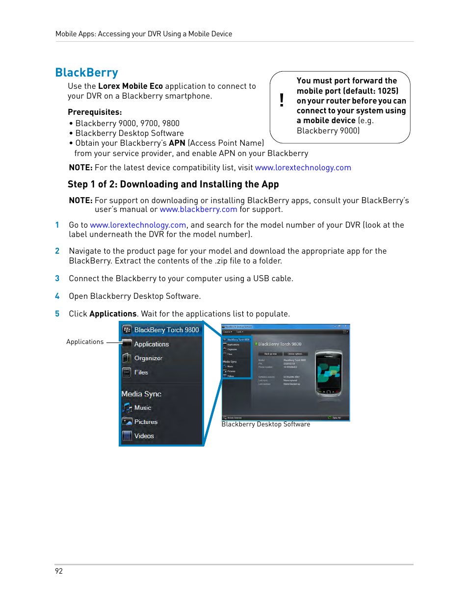 Blackberry, Step 1 of 2: downloading and installing the app | LOREX Technology DIGITAL VIDEO SURVEILLANCE RECORDER LH010 ECO BLACKBOX SERIES User Manual | Page 108 / 128