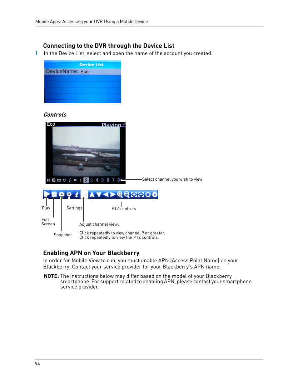 Connecting to the dvr through the device list, Enabling apn on your blackberry | LOREX Technology DIGITAL VIDEO SURVEILLANCE RECORDER LH010 ECO BLACKBOX SERIES User Manual | Page 110 / 128