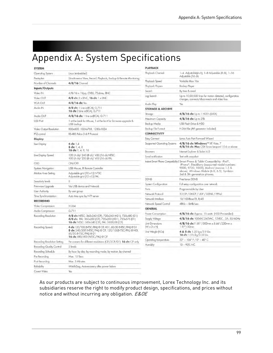 Appendix a: system specifications | LOREX Technology DIGITAL VIDEO SURVEILLANCE RECORDER LH010 ECO BLACKBOX SERIES User Manual | Page 115 / 128