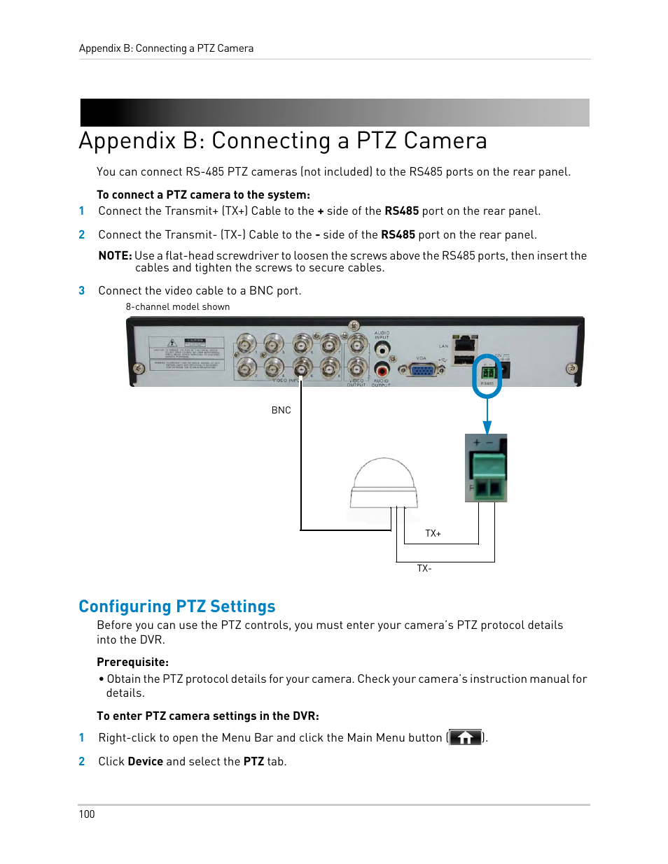 Appendix b: connecting a ptz camera, Configuring ptz settings | LOREX Technology DIGITAL VIDEO SURVEILLANCE RECORDER LH010 ECO BLACKBOX SERIES User Manual | Page 116 / 128