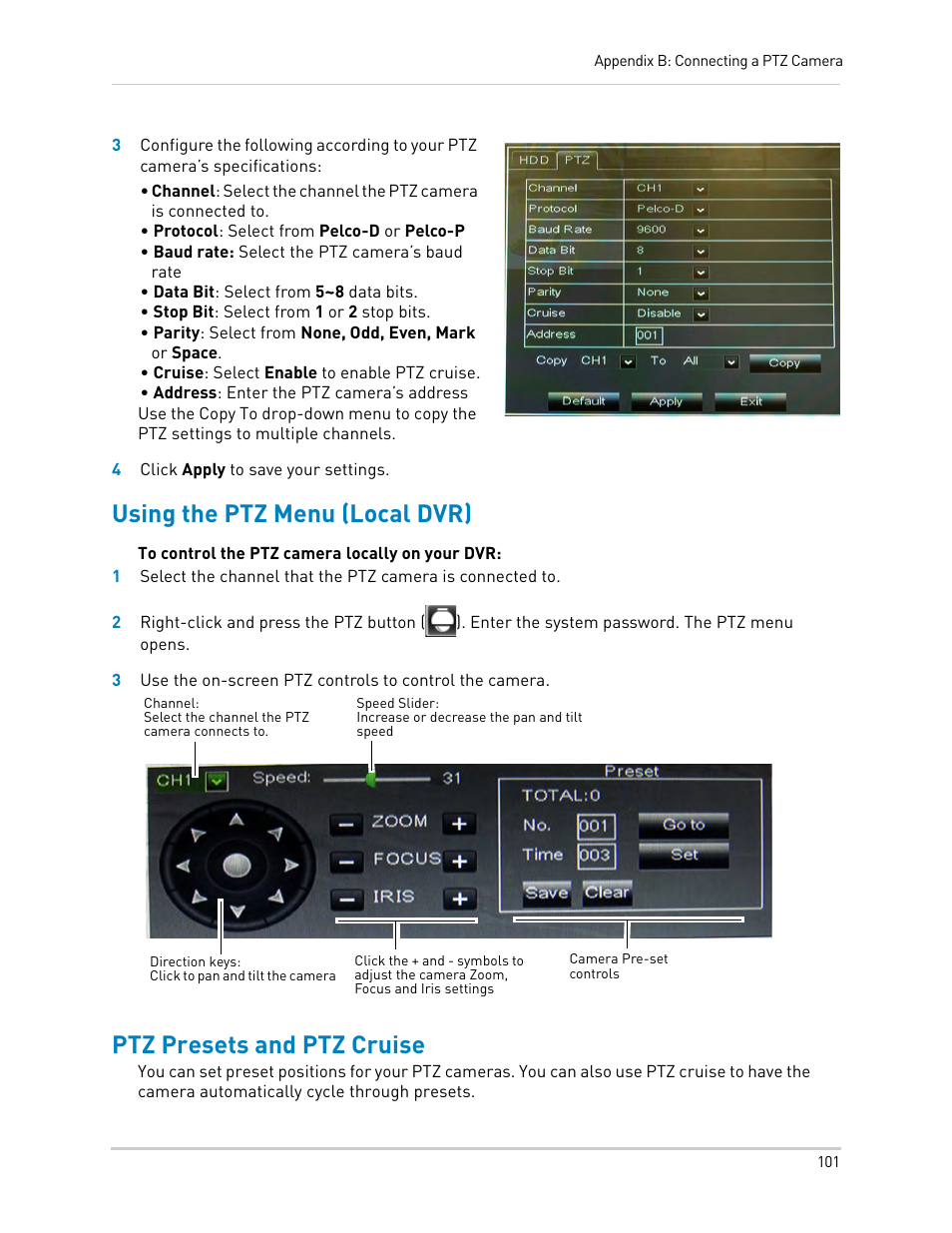 Using the ptz menu (local dvr), Ptz presets and ptz cruise | LOREX Technology DIGITAL VIDEO SURVEILLANCE RECORDER LH010 ECO BLACKBOX SERIES User Manual | Page 117 / 128