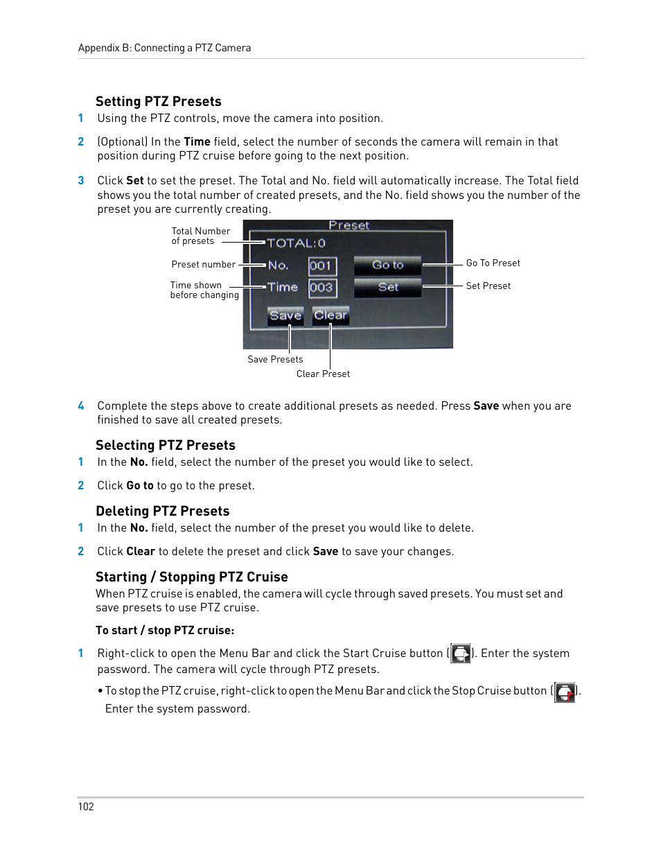 Setting ptz presets, Selecting ptz presets, Deleting ptz presets | Starting / stopping ptz cruise | LOREX Technology DIGITAL VIDEO SURVEILLANCE RECORDER LH010 ECO BLACKBOX SERIES User Manual | Page 118 / 128