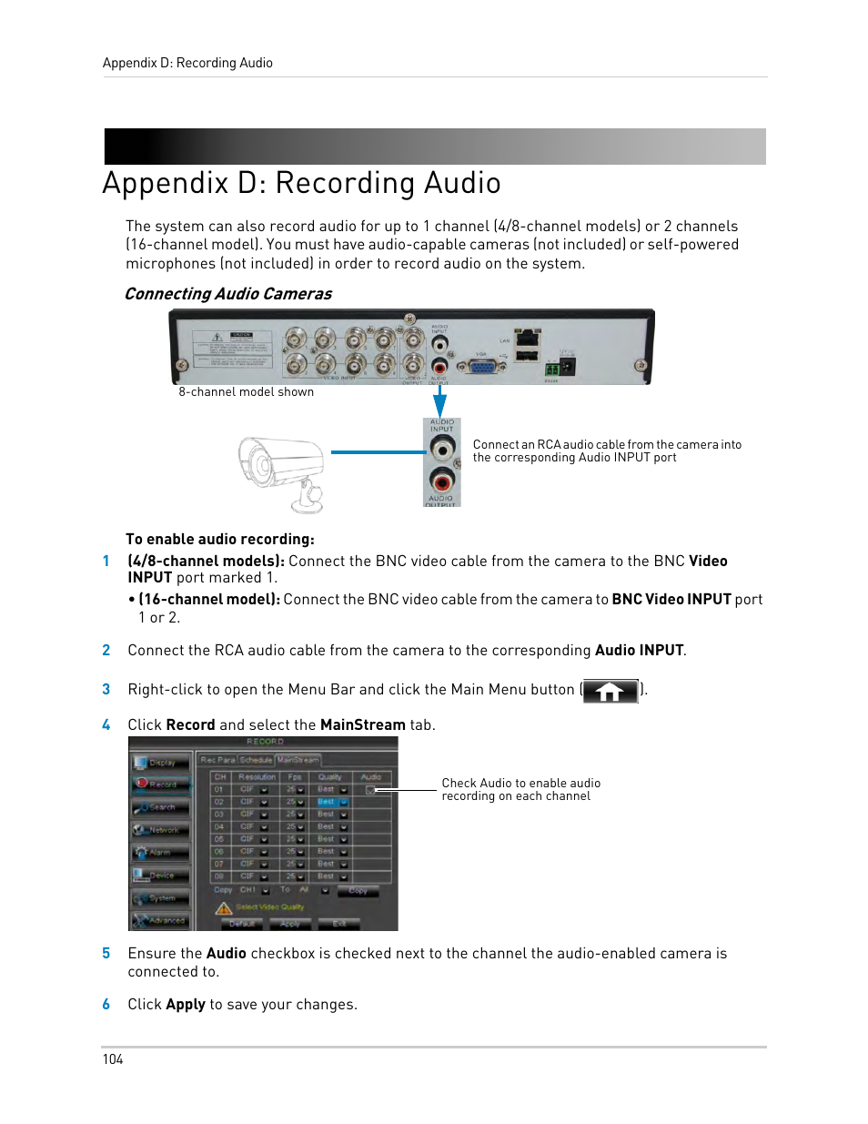 Appendix d: recording audio | LOREX Technology DIGITAL VIDEO SURVEILLANCE RECORDER LH010 ECO BLACKBOX SERIES User Manual | Page 120 / 128