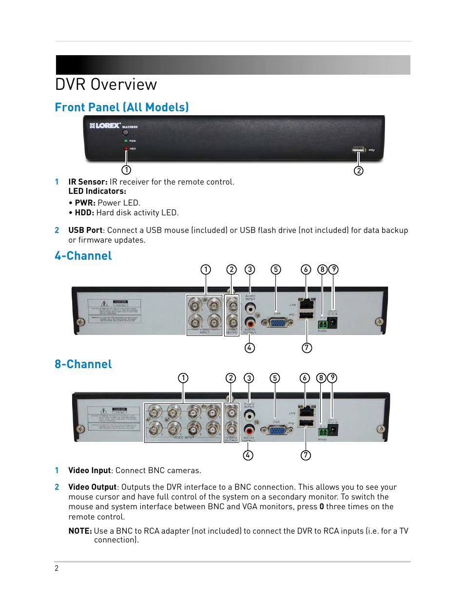 Dvr overview, Front panel (all models), Channel | Front panel (all models) 4-channel 8-channel, Channel 8-channel | LOREX Technology DIGITAL VIDEO SURVEILLANCE RECORDER LH010 ECO BLACKBOX SERIES User Manual | Page 18 / 128