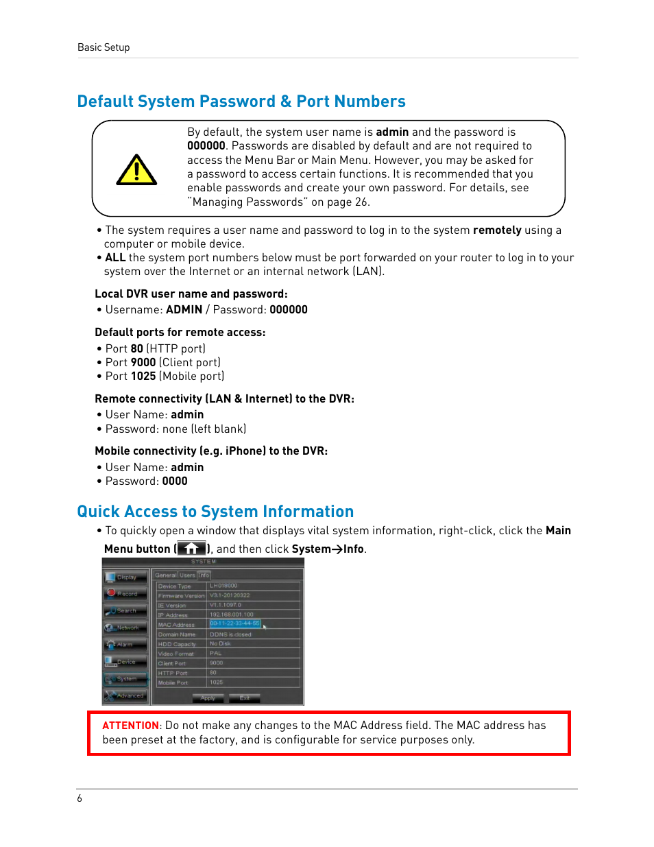 Default system password & port numbers, Quick access to system information | LOREX Technology DIGITAL VIDEO SURVEILLANCE RECORDER LH010 ECO BLACKBOX SERIES User Manual | Page 22 / 128