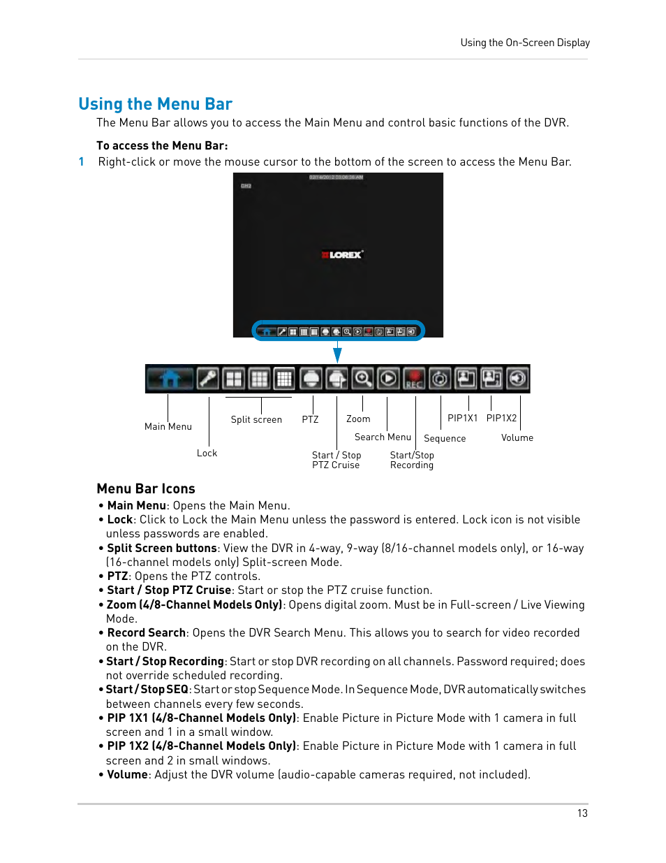 Using the menu bar, Menu bar icons | LOREX Technology DIGITAL VIDEO SURVEILLANCE RECORDER LH010 ECO BLACKBOX SERIES User Manual | Page 29 / 128