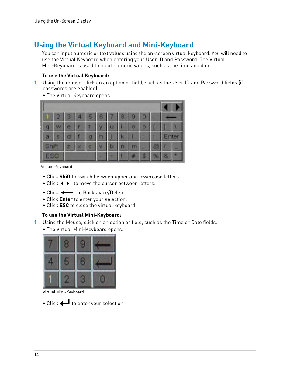 Using the virtual keyboard and mini-keyboard | LOREX Technology DIGITAL VIDEO SURVEILLANCE RECORDER LH010 ECO BLACKBOX SERIES User Manual | Page 30 / 128