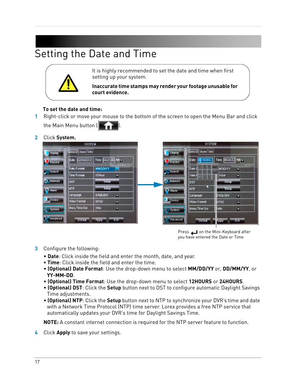 Setting the date and time | LOREX Technology DIGITAL VIDEO SURVEILLANCE RECORDER LH010 ECO BLACKBOX SERIES User Manual | Page 33 / 128