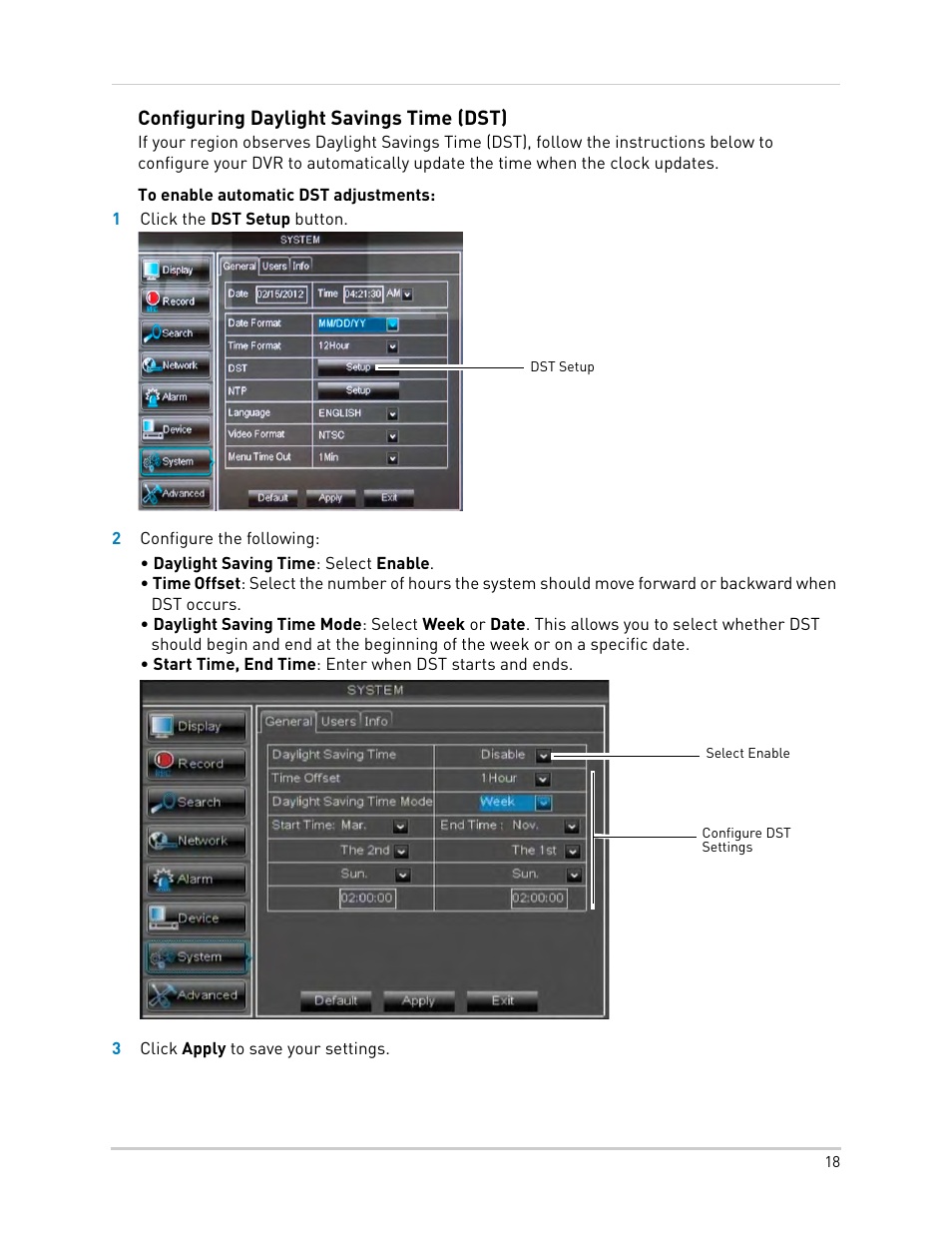 Configuring daylight savings time (dst) | LOREX Technology DIGITAL VIDEO SURVEILLANCE RECORDER LH010 ECO BLACKBOX SERIES User Manual | Page 34 / 128