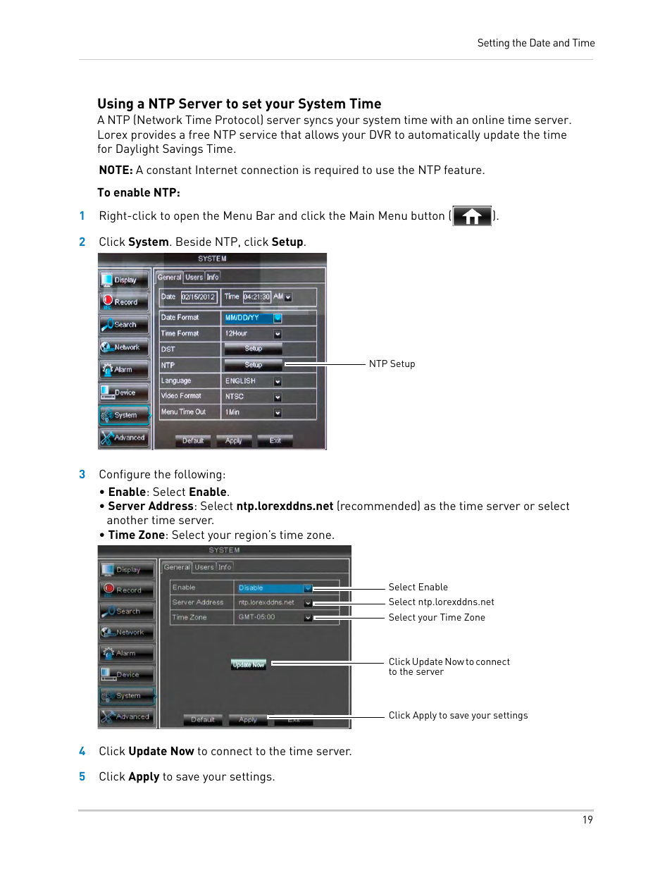 Using a ntp server to set your system time | LOREX Technology DIGITAL VIDEO SURVEILLANCE RECORDER LH010 ECO BLACKBOX SERIES User Manual | Page 35 / 128