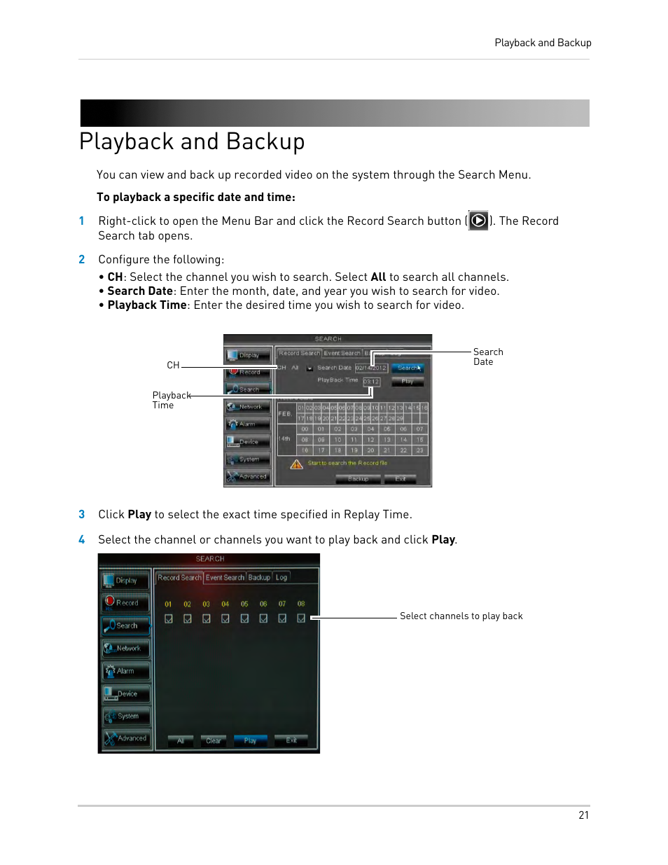 Playback and backup | LOREX Technology DIGITAL VIDEO SURVEILLANCE RECORDER LH010 ECO BLACKBOX SERIES User Manual | Page 37 / 128