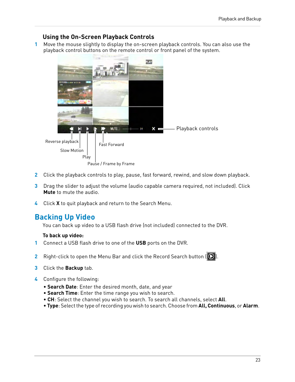 Using the on-screen playback controls, Backing up video | LOREX Technology DIGITAL VIDEO SURVEILLANCE RECORDER LH010 ECO BLACKBOX SERIES User Manual | Page 39 / 128