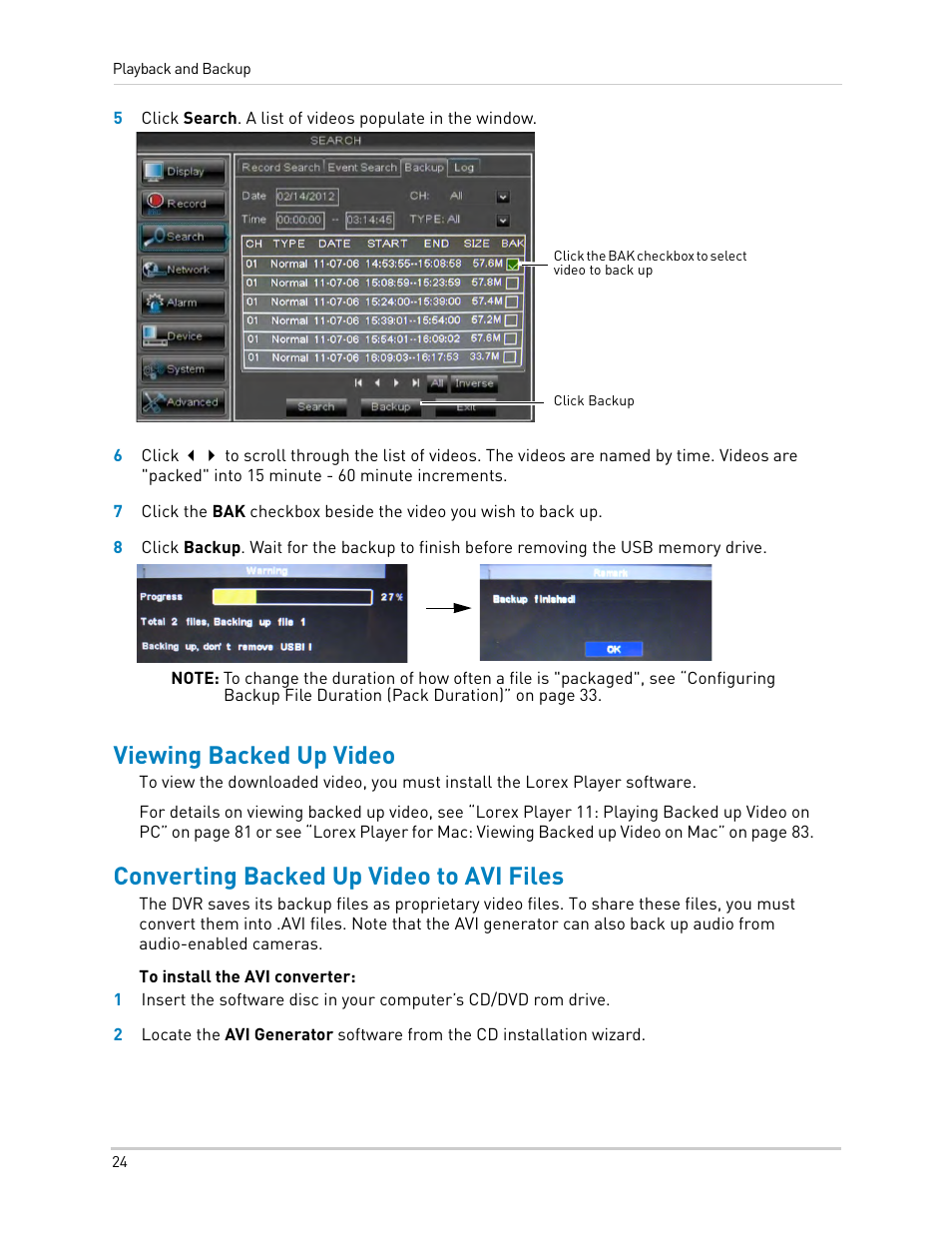 Viewing backed up video, Converting backed up video to avi files | LOREX Technology DIGITAL VIDEO SURVEILLANCE RECORDER LH010 ECO BLACKBOX SERIES User Manual | Page 40 / 128