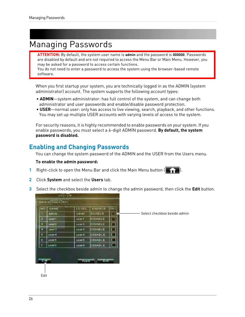 Managing passwords, Enabling and changing passwords | LOREX Technology DIGITAL VIDEO SURVEILLANCE RECORDER LH010 ECO BLACKBOX SERIES User Manual | Page 42 / 128